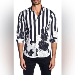 Jared Lang After Hours Trim Fit Stripe Floral Print Sport Shirt Size XL